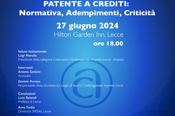 “Patente a crediti: normativa, adempimenti, criticità”, un incontro a Lecce
